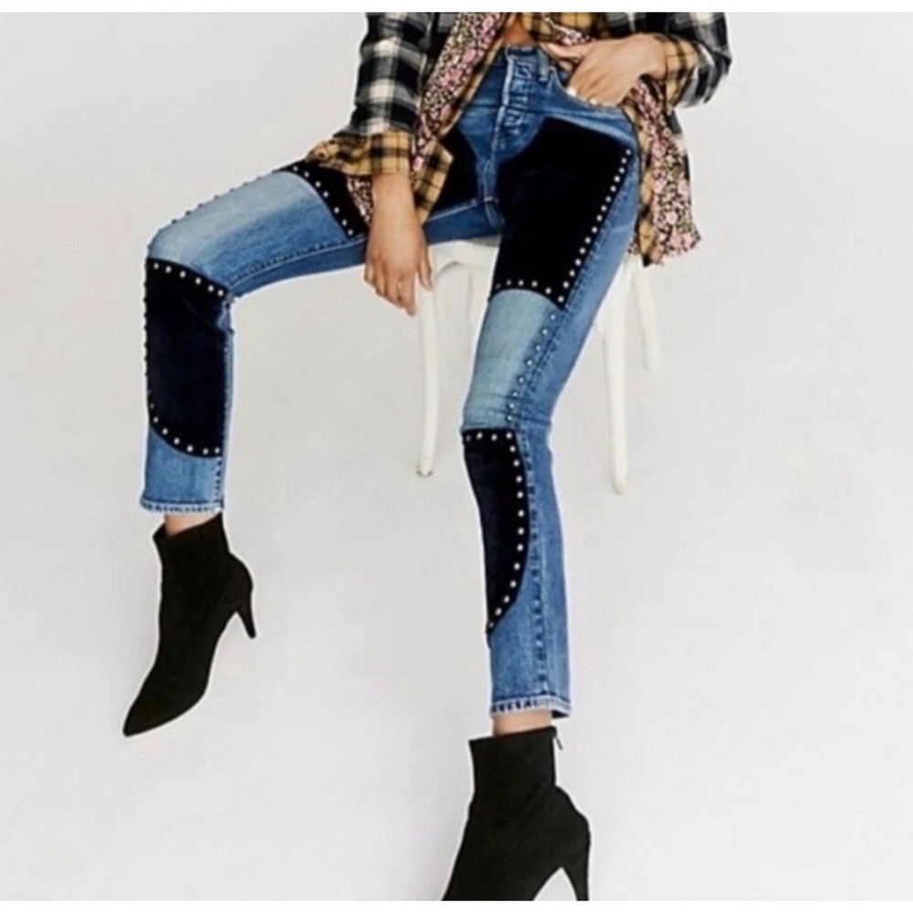 RARE Levi's x Free People Night Rider 501 Studded Suede Patchwork Jeans 29/28